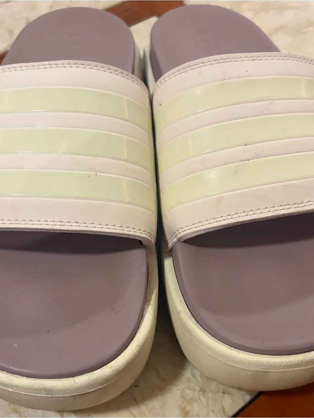 adidas Women’s Lavender Slide Sandals with White Stripes